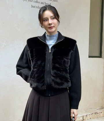 Sella High Neck Mink Fur Knit Zip-Up